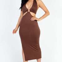 Cut-out Halter Neck Double Back Tie Split Thigh Midi Dress - Passion 4 Fashion USA
