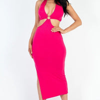 Cut-out Halter Neck Double Back Tie Split Thigh Midi Dress - Passion 4 Fashion USA