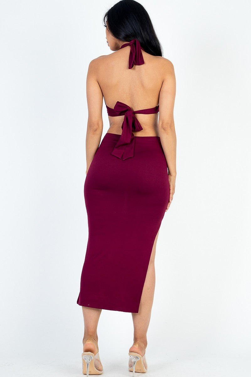 Cut-out Halter Neck Double Back Tie Split Thigh Midi Dress - Passion 4 Fashion USA