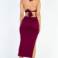 Cut-out Halter Neck Double Back Tie Split Thigh Midi Dress - Passion 4 Fashion USA