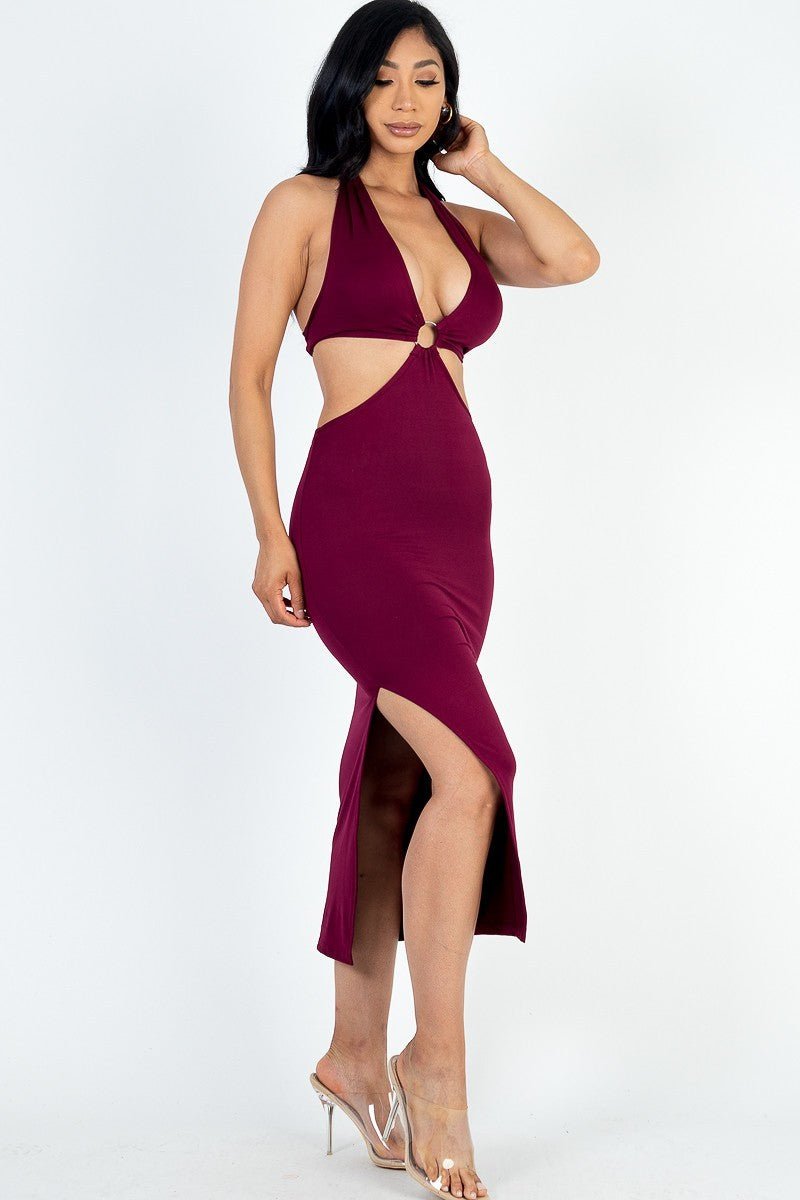 Cut-out Halter Neck Double Back Tie Split Thigh Midi Dress - Passion 4 Fashion USA