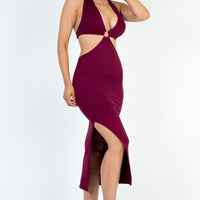 Cut-out Halter Neck Double Back Tie Split Thigh Midi Dress - Passion 4 Fashion USA
