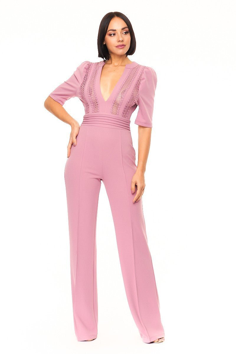 Deep V-neck Crochet Bodice Jumpsuit - Passion 4 Fashion USA