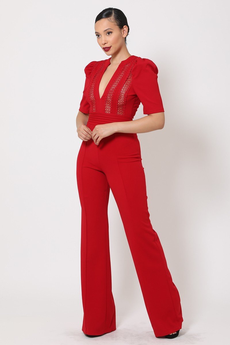Deep V-neck Crochet Bodice Jumpsuit - Passion 4 Fashion USA
