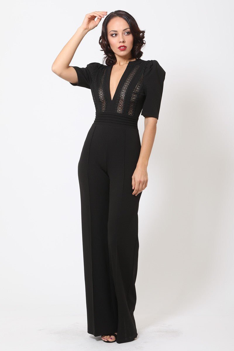 Deep V-neck Crochet Bodice Jumpsuit - Passion 4 Fashion USA
