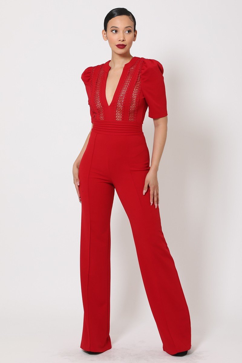 Deep V-neck Crochet Bodice Jumpsuit - Passion 4 Fashion USA