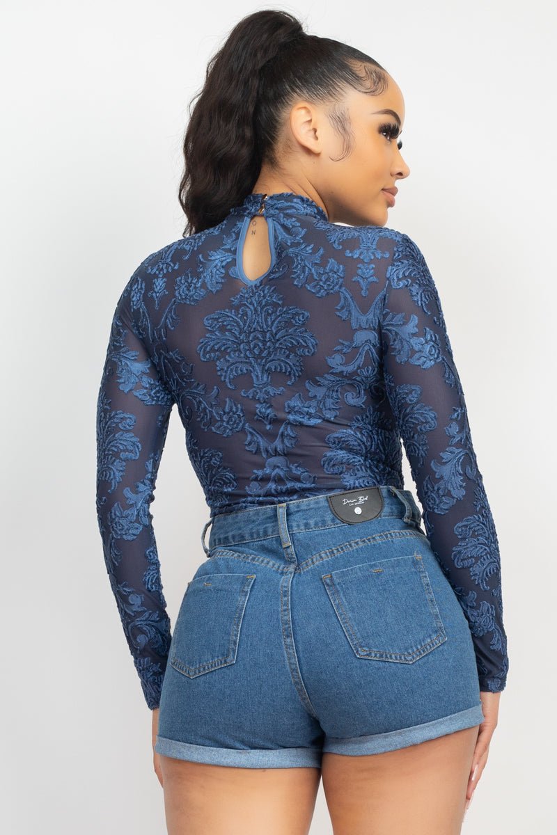 Embroidered Mock Neck Keyhole Bodysuit - Passion 4 Fashion USA