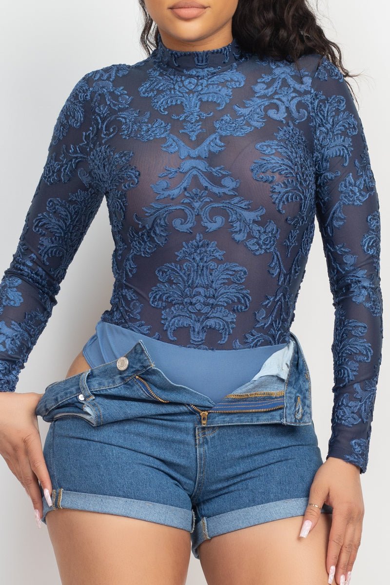 Embroidered Mock Neck Keyhole Bodysuit - Passion 4 Fashion USA