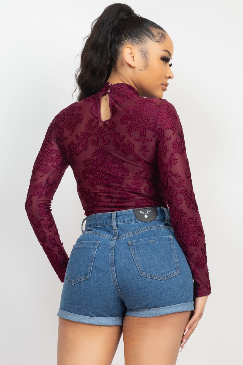 Embroidered Mock Neck Keyhole Bodysuit - Passion 4 Fashion USA