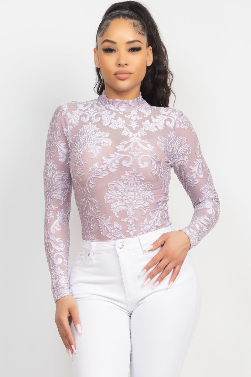 Embroidered Mock Neck Keyhole Bodysuit - Passion 4 Fashion USA