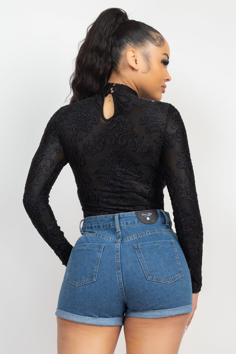 Embroidered Mock Neck Keyhole Bodysuit - Passion 4 Fashion USA
