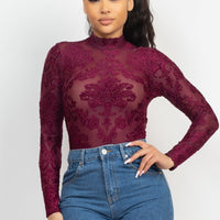Embroidered Mock Neck Keyhole Bodysuit - Passion 4 Fashion USA