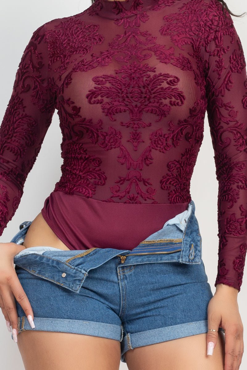 Embroidered Mock Neck Keyhole Bodysuit - Passion 4 Fashion USA