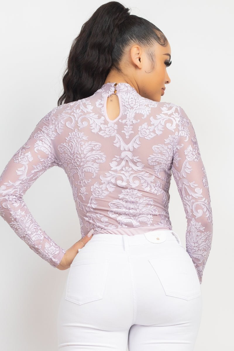 Embroidered Mock Neck Keyhole Bodysuit - Passion 4 Fashion USA