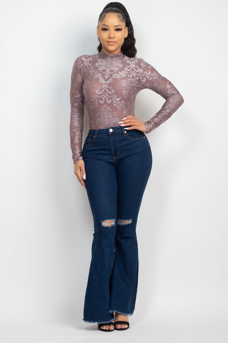 Embroidered Mock Neck Keyhole Bodysuit - Passion 4 Fashion USA