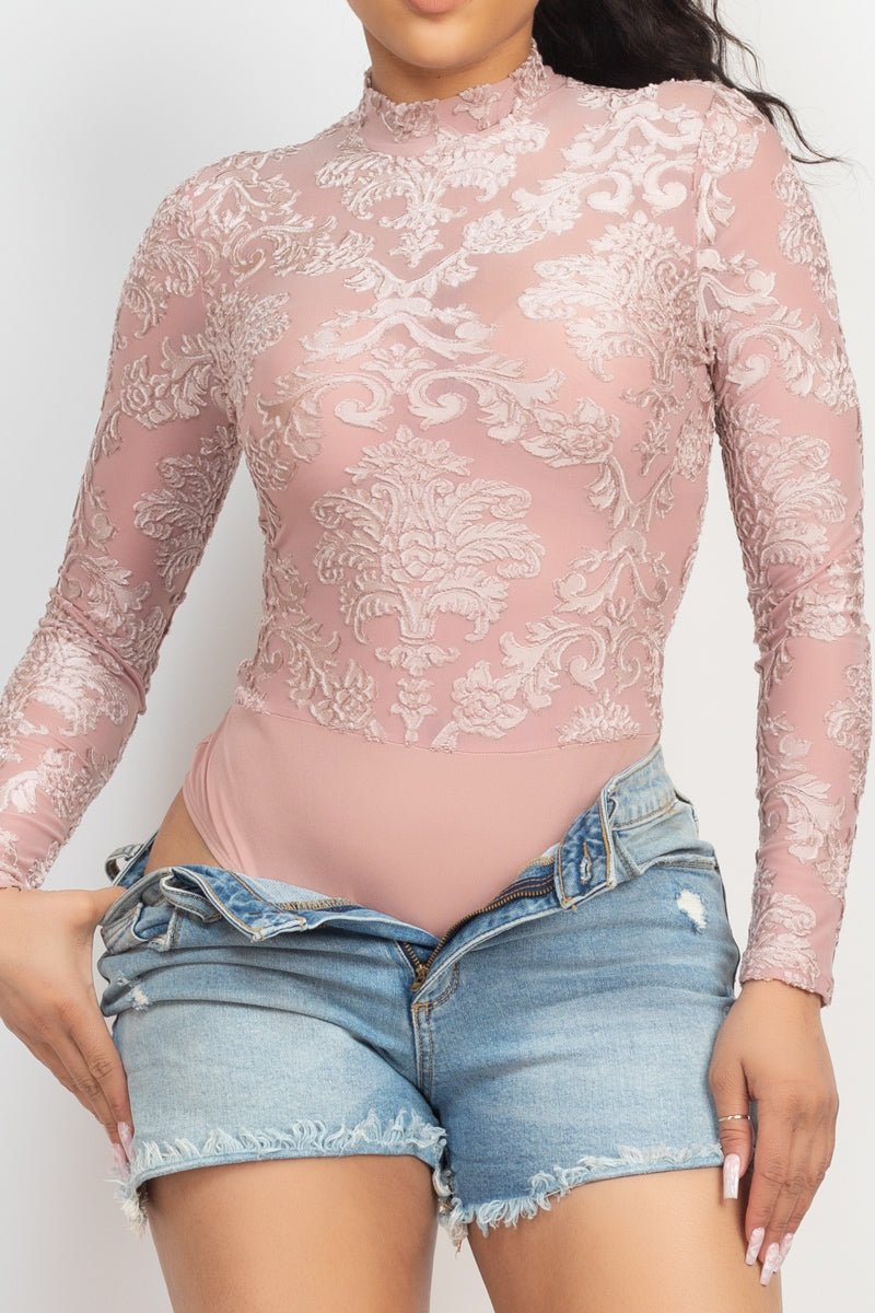 Embroidered Mock Neck Keyhole Bodysuit - Passion 4 Fashion USA