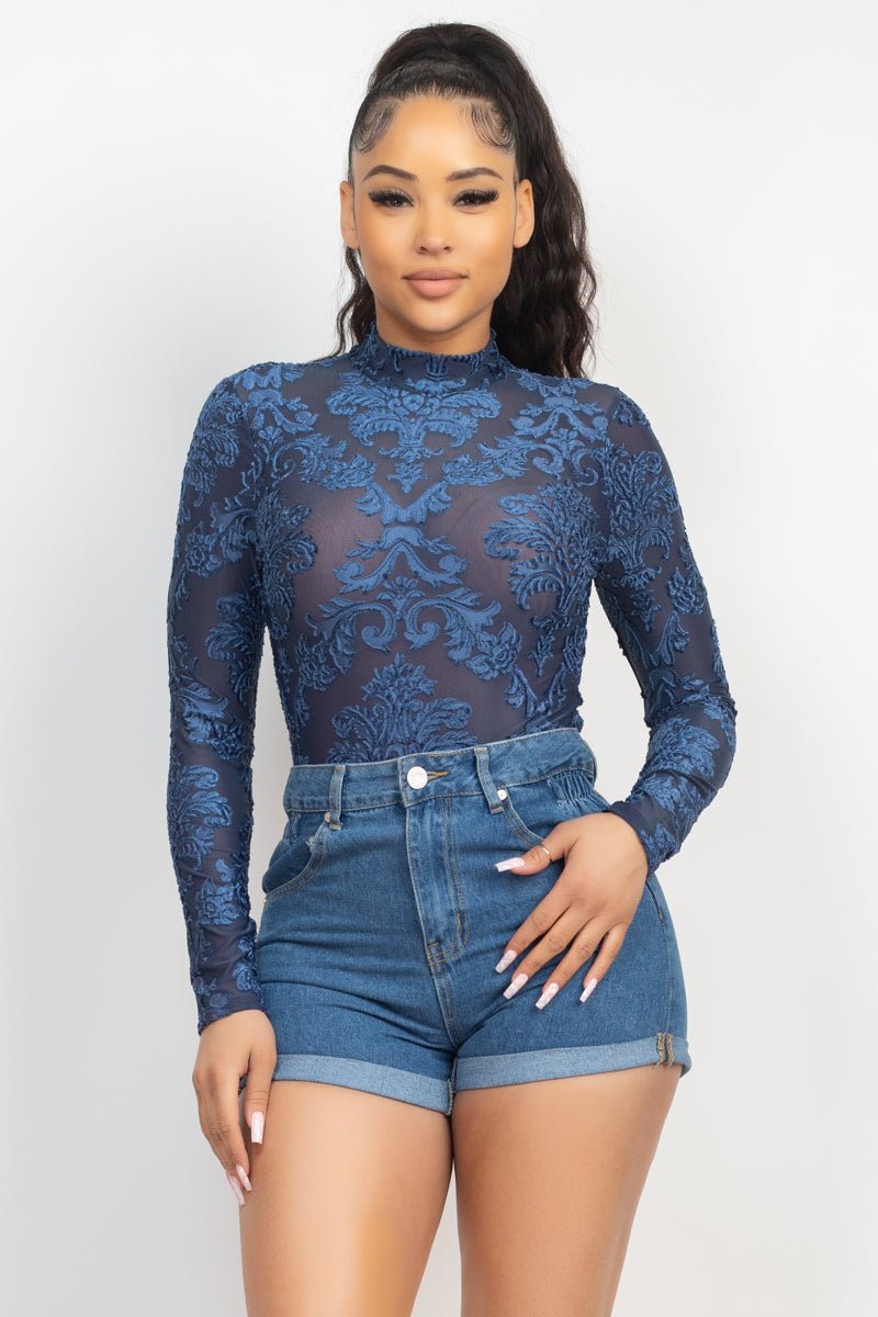 Embroidered Mock Neck Keyhole Bodysuit - Passion 4 Fashion USA