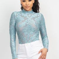 Embroidered Mock Neck Keyhole Bodysuit - Passion 4 Fashion USA