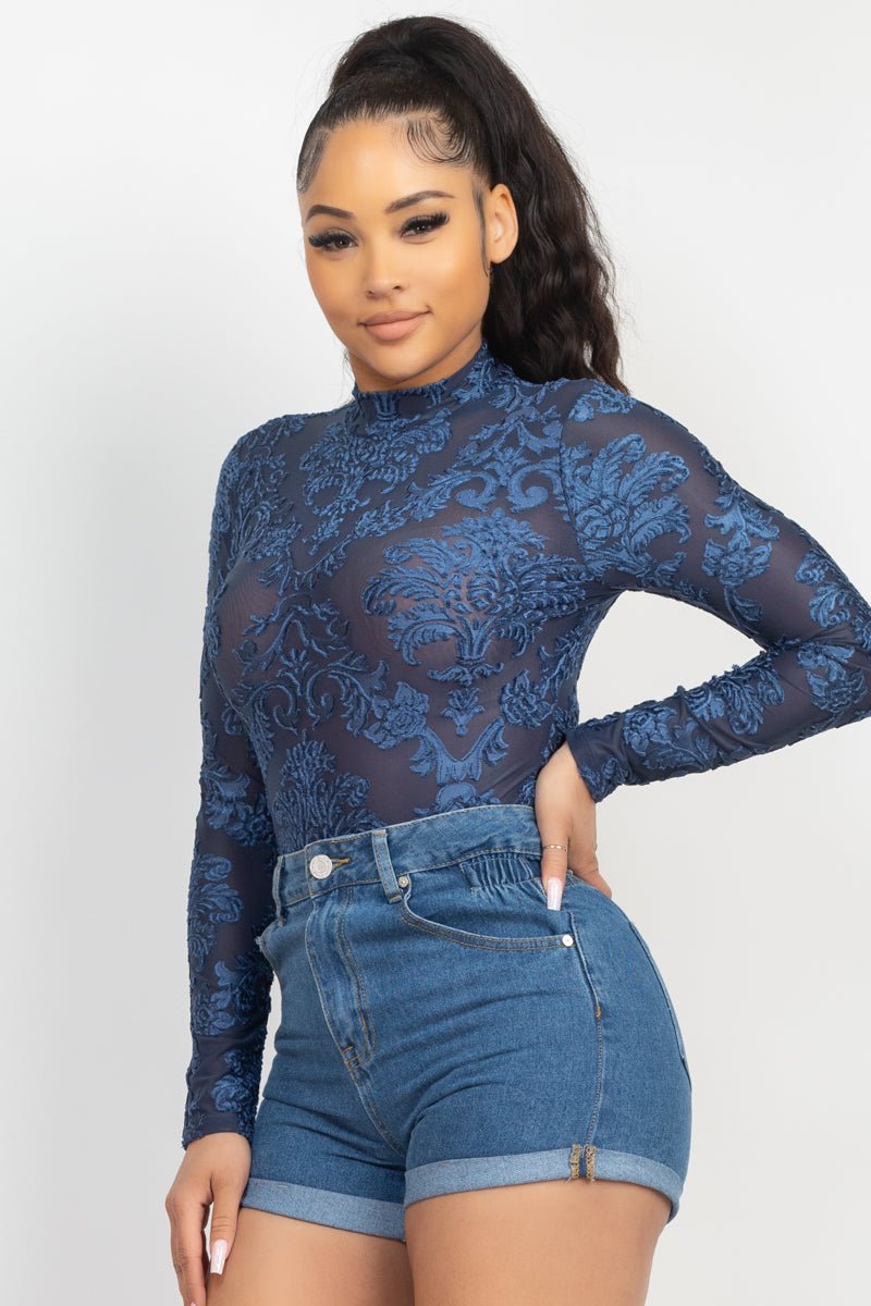 Embroidered Mock Neck Keyhole Bodysuit - Passion 4 Fashion USA