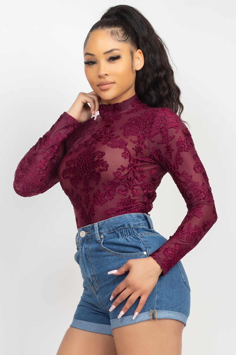 Embroidered Mock Neck Keyhole Bodysuit - Passion 4 Fashion USA