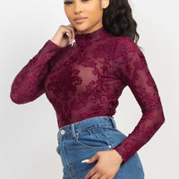 Embroidered Mock Neck Keyhole Bodysuit - Passion 4 Fashion USA