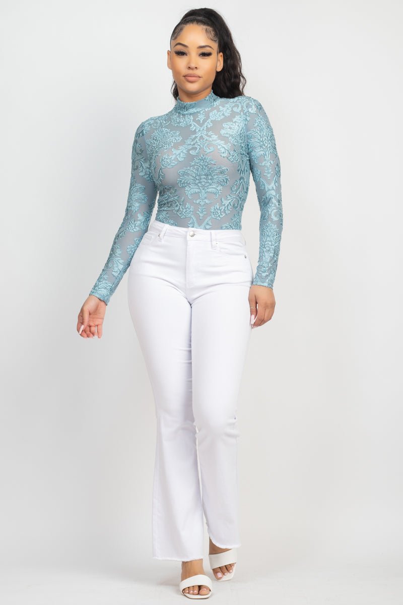 Embroidered Mock Neck Keyhole Bodysuit - Passion 4 Fashion USA