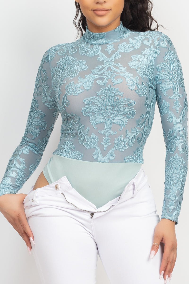 Embroidered Mock Neck Keyhole Bodysuit - Passion 4 Fashion USA