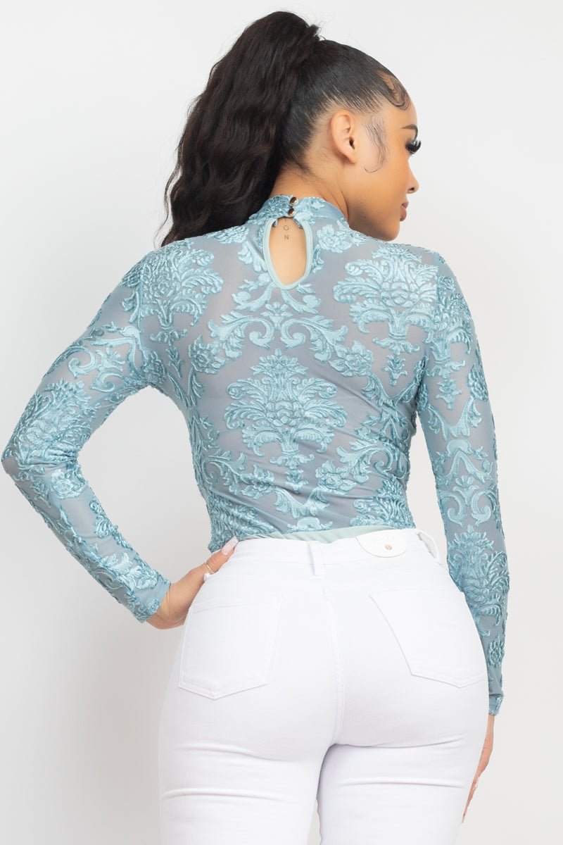 Embroidered Mock Neck Keyhole Bodysuit - Passion 4 Fashion USA
