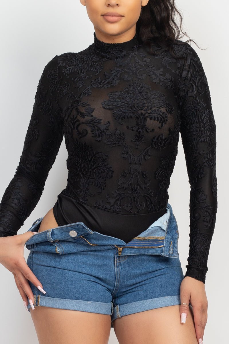 Embroidered Mock Neck Keyhole Bodysuit - Passion 4 Fashion USA