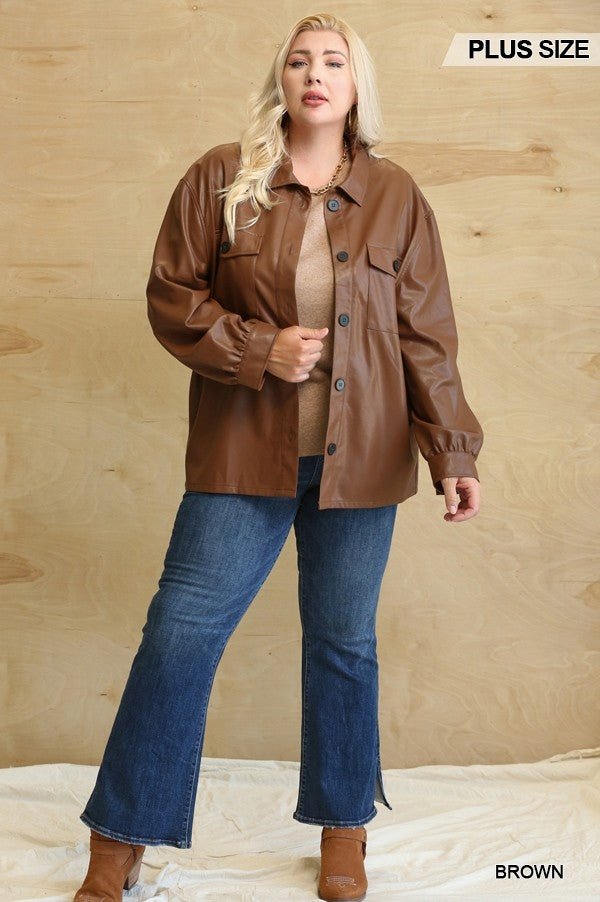 Faux Leather Button Down Shacket With Side Pockets - Passion 4 Fashion USA