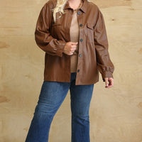 Faux Leather Button Down Shacket With Side Pockets - Passion 4 Fashion USA