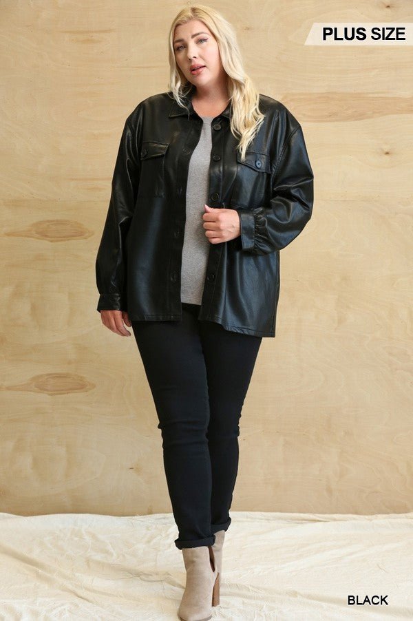 Faux Leather Button Down Shacket With Side Pockets - Passion 4 Fashion USA