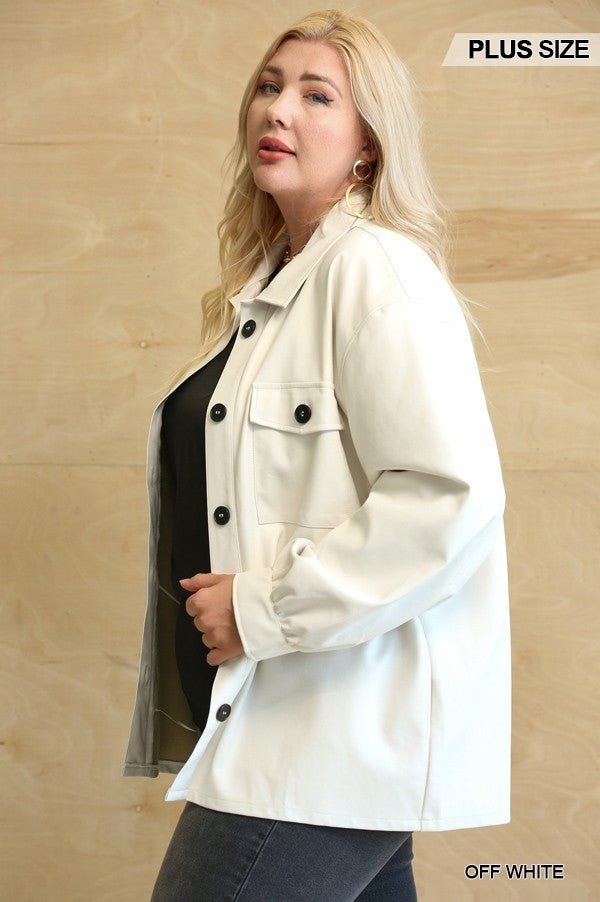 Faux Leather Button Down Shacket With Side Pockets - Passion 4 Fashion USA