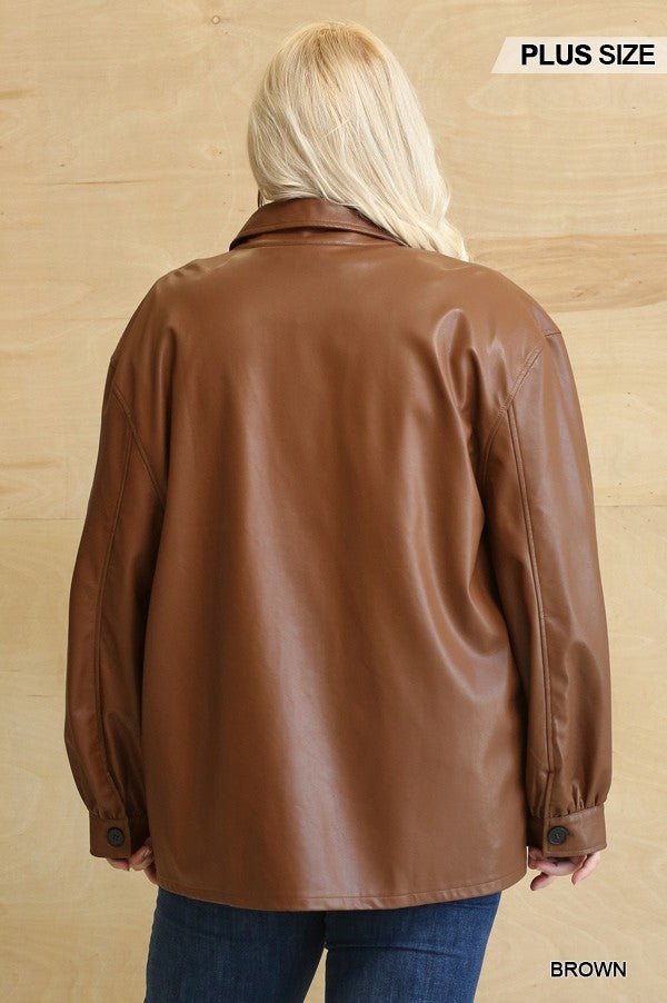 Faux Leather Button Down Shacket With Side Pockets - Passion 4 Fashion USA