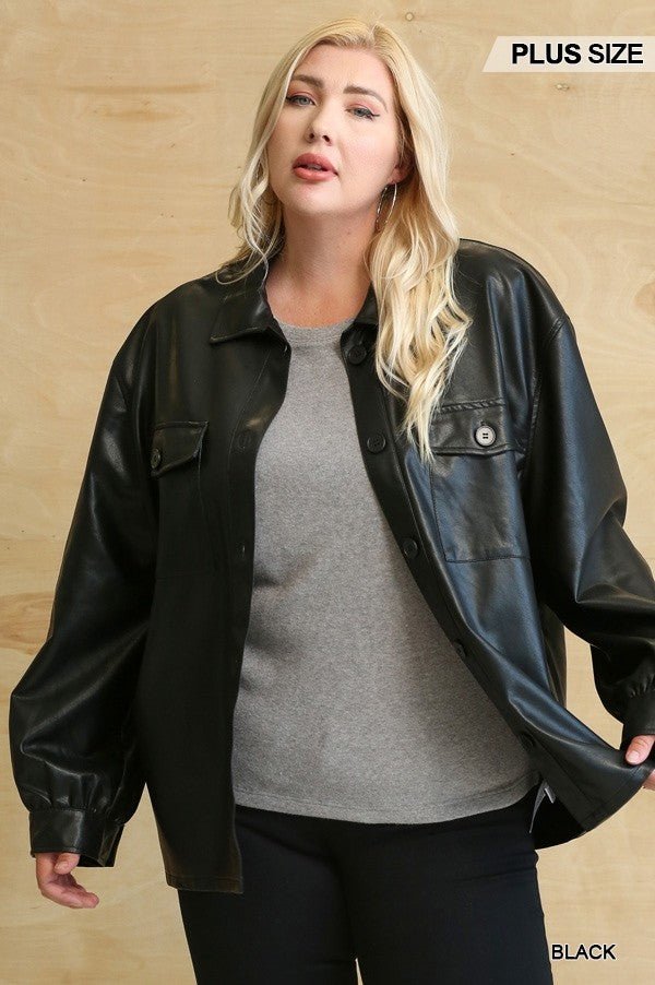 Faux Leather Button Down Shacket With Side Pockets - Passion 4 Fashion USA
