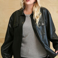 Faux Leather Button Down Shacket With Side Pockets - Passion 4 Fashion USA