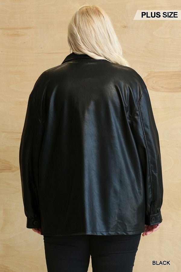 Faux Leather Button Down Shacket With Side Pockets - Passion 4 Fashion USA