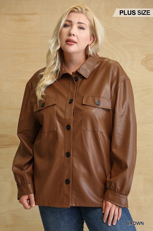 Faux Leather Button Down Shacket With Side Pockets - Passion 4 Fashion USA