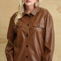 Faux Leather Button Down Shacket With Side Pockets - Passion 4 Fashion USA