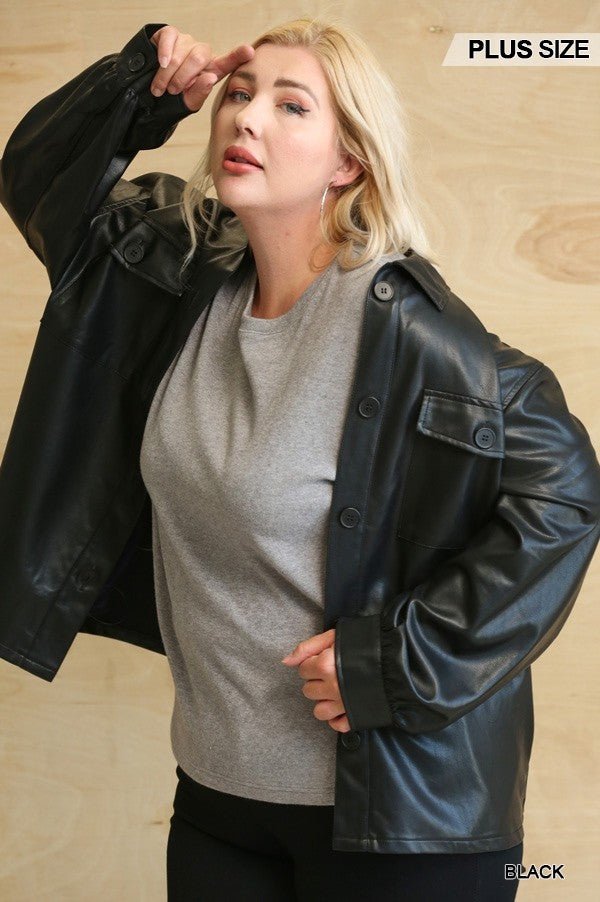 Faux Leather Button Down Shacket With Side Pockets - Passion 4 Fashion USA