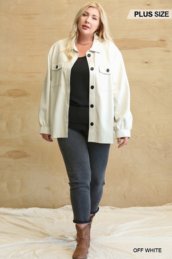 Faux Leather Button Down Shacket With Side Pockets - Passion 4 Fashion USA