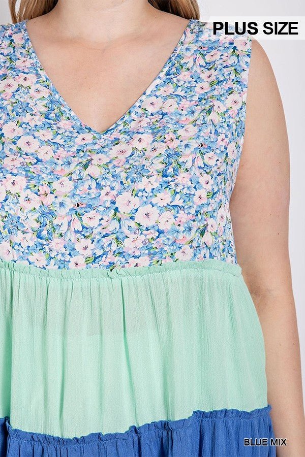Floral Color Block Ruffle Detail Tiered V-neck Top - Passion 4 Fashion USA