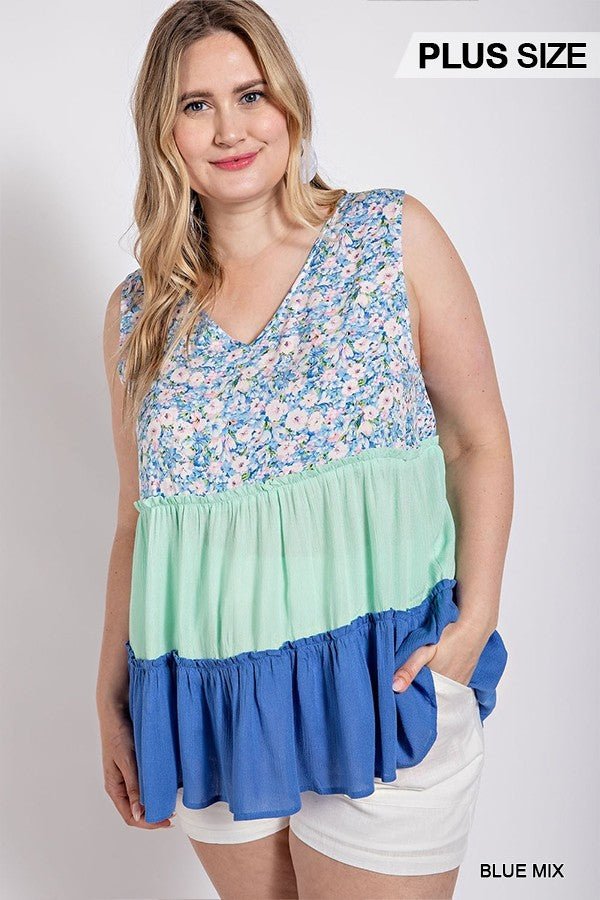 Floral Color Block Ruffle Detail Tiered V-neck Top - Passion 4 Fashion USA