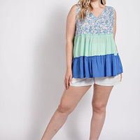 Floral Color Block Ruffle Detail Tiered V-neck Top - Passion 4 Fashion USA