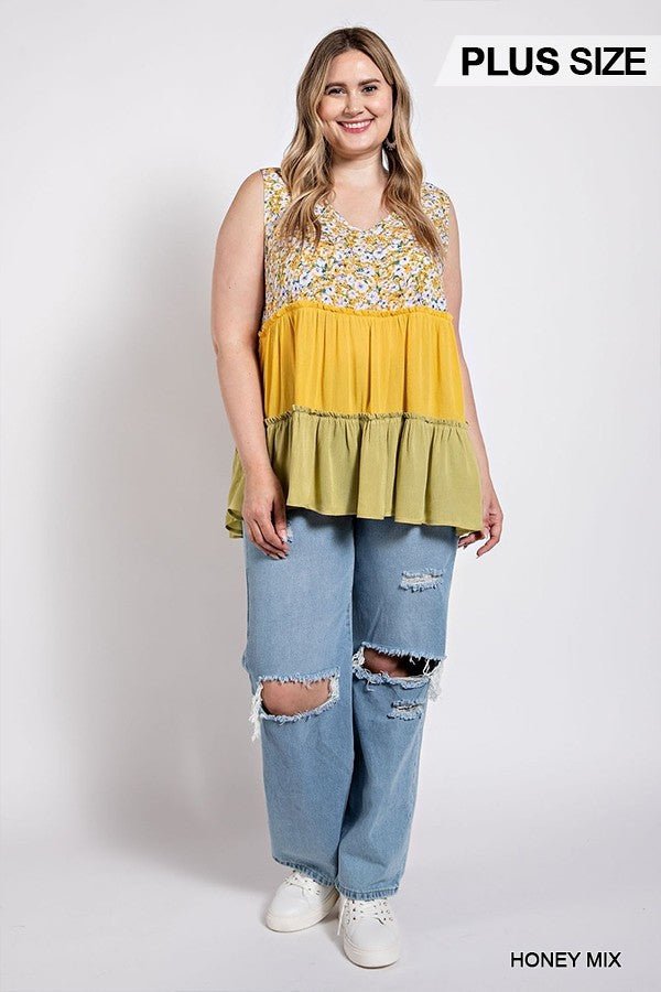 Floral Color Block Ruffle Detail Tiered V-neck Top - Passion 4 Fashion USA