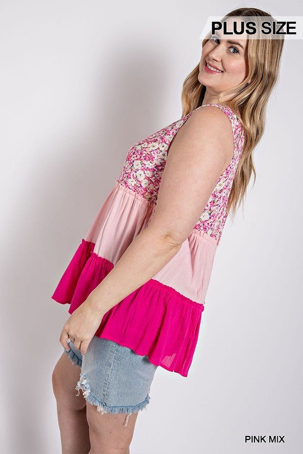 Floral Color Block Ruffle Detail Tiered V-neck Top - Passion 4 Fashion USA