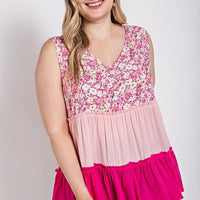 Floral Color Block Ruffle Detail Tiered V-neck Top - Passion 4 Fashion USA