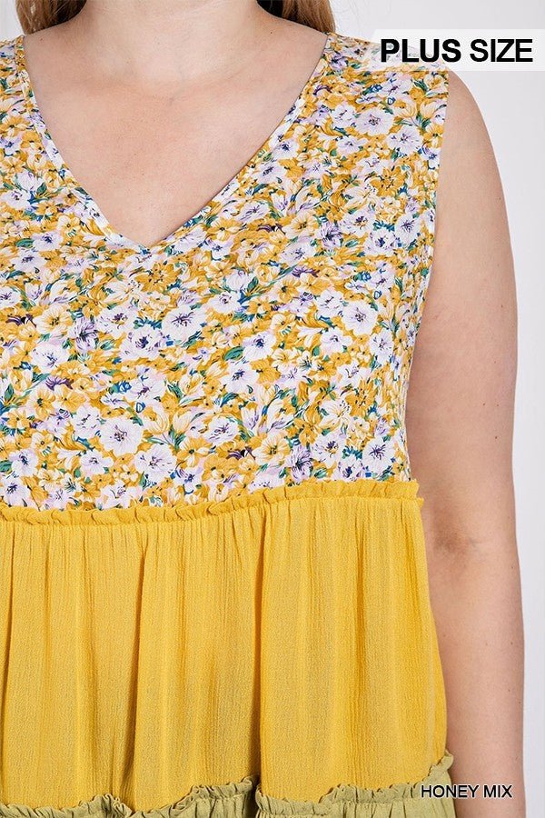 Floral Color Block Ruffle Detail Tiered V-neck Top - Passion 4 Fashion USA