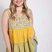 Floral Color Block Ruffle Detail Tiered V-neck Top - Passion 4 Fashion USA