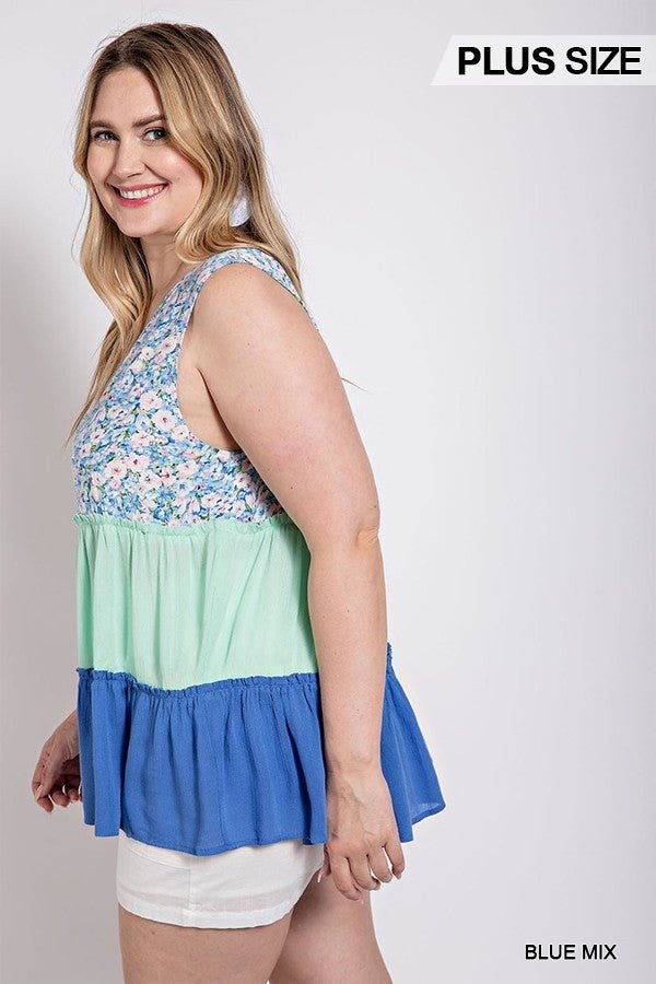Floral Color Block Ruffle Detail Tiered V-neck Top - Passion 4 Fashion USA